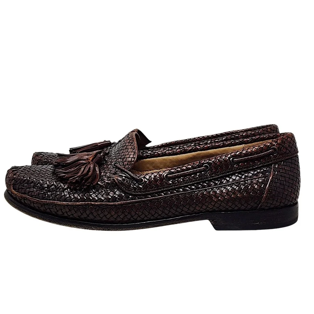 Cole Haan Tassel Loafer 9.5D Men Bragano Brown Woven Leather Memory Flex Comfort